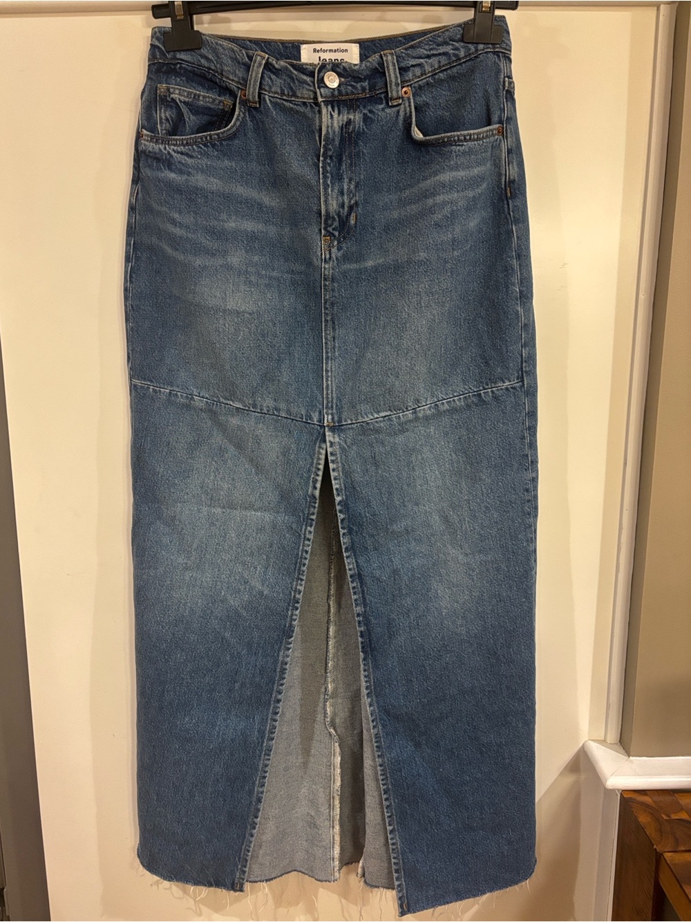 Reformation Tazz Maxi Denim Skirt High Slit Raw Hem 28 Cottagecore Blue Jean